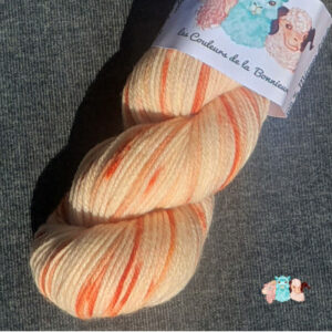 Détails écheveau laine mérinos multicolore de coloris écru avec des touches orangées, merino, boutique de laine fabriquée en france