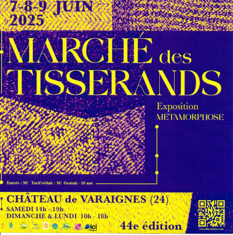 Recto affiche marché des tisserands Varaignes les week-end de la pentecôte au château de Varaignes en Dordogne
