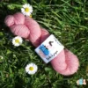 Echeveau de laine alpaga, teintée naturellement en rose tendre posée sur de l'herbe verte avec des pâquerettes. Laine artisanale, teinture végétale faite à la main en France