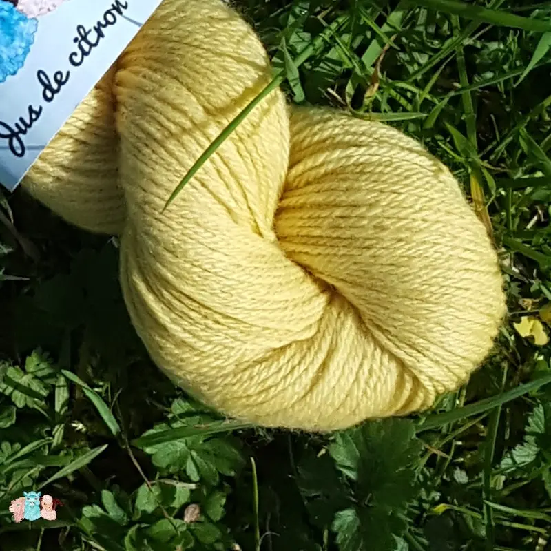 Détail écheveau de laine mérinos, teinté naturellement en jaune tendre posé sur de l'herbe verte avec des pâquerettes. Laine artisanale, teinture végétale faite à la main en France