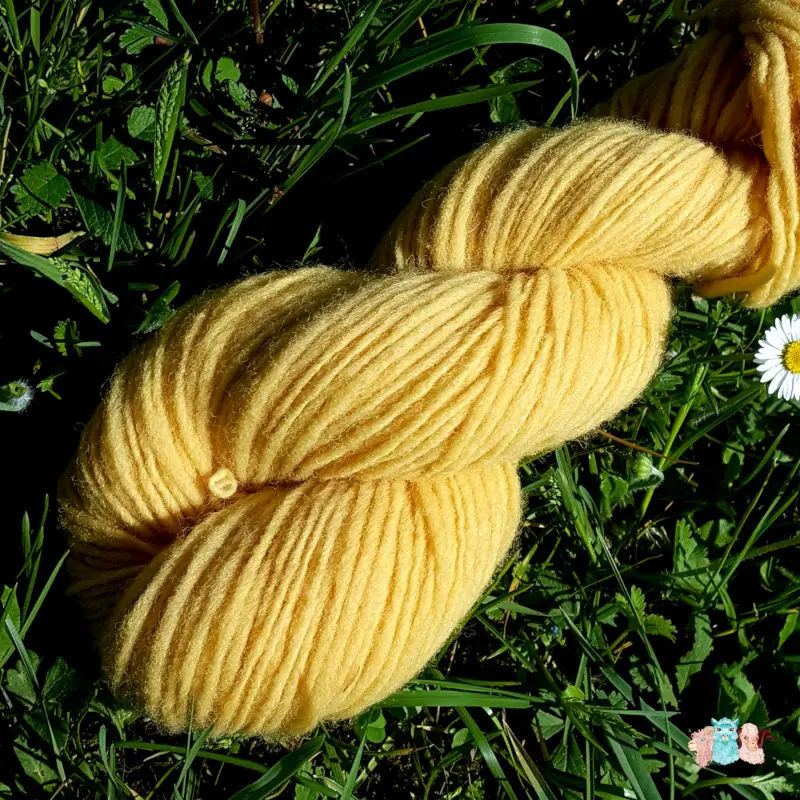 Détail d'un écheveau de laine française fil mèche fin coloris jaune sur fond d'herbe avec des fleurs fabriqué en france