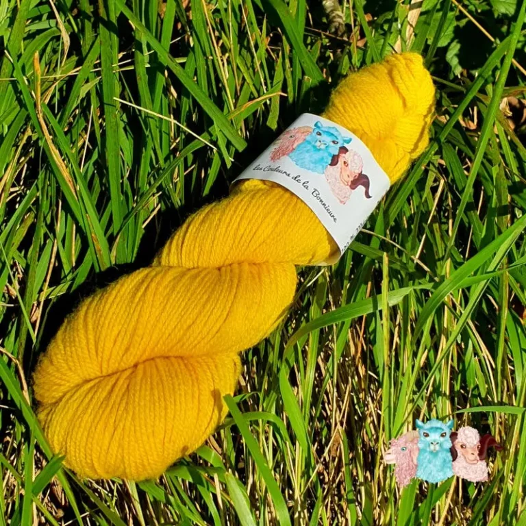 Echeveau de laine mérinos unie, teinté naturellement en jaune posé sur fond d'herbe verte, teinture végétale faite à la main en France