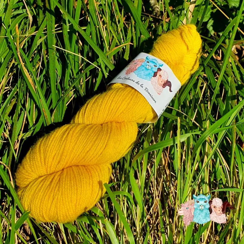 Echeveau de laine mérinos unie, teinté naturellement en jaune posé sur fond d'herbe verte, teinture végétale faite à la main en France