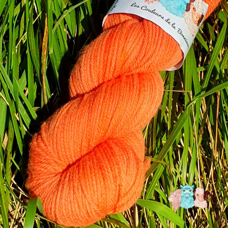 Détail d'un écheveau de laine mérinos unie, teinté naturellement en orange posé sur fond d'herbe verte, teinture végétale faite à la main en France