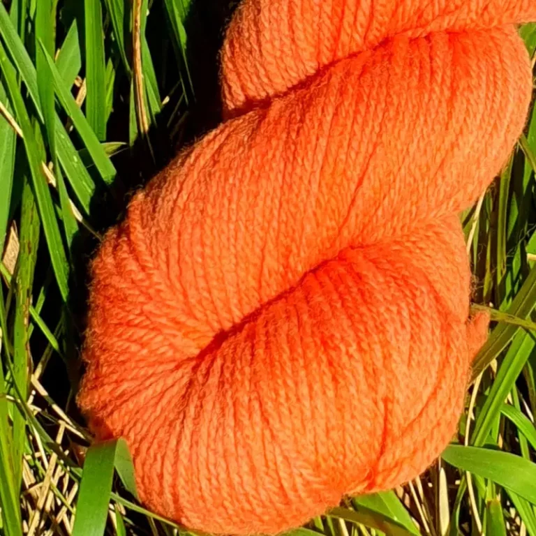 Gros plan d'un écheveau de laine mérinos unie, teinté naturellement en orange posé sur fond d'herbe verte, teinture végétale faite à la main en France