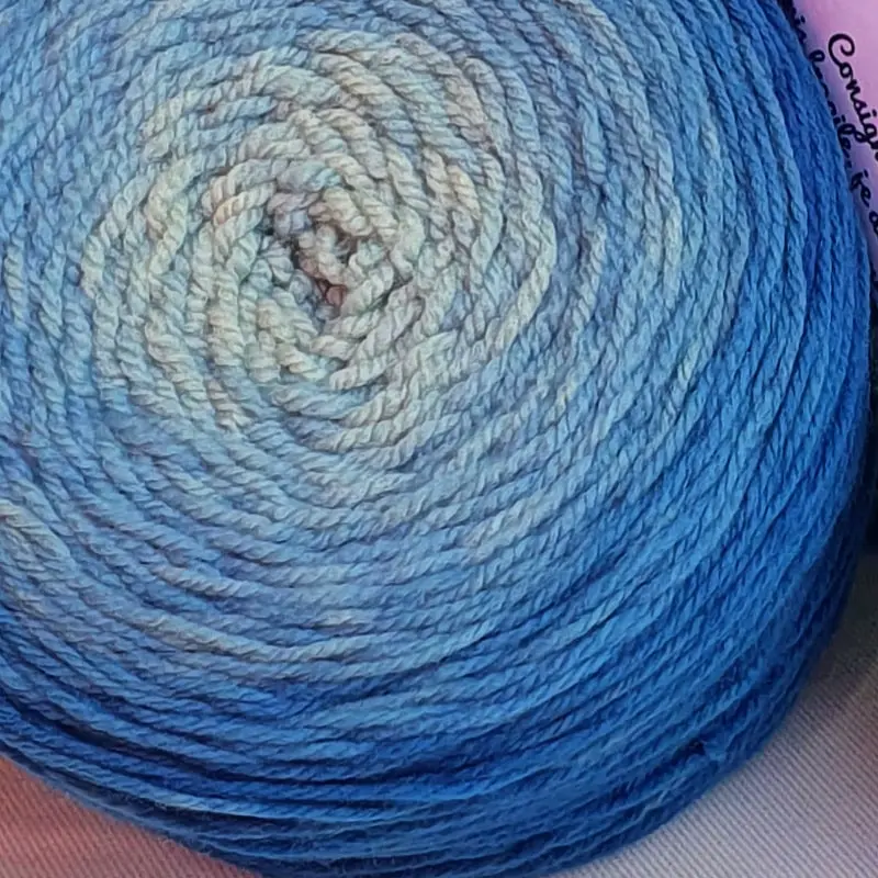 Laine_cake_degrade_bleu_grosplan Gros plan d'une pelote de laine de coloris du bleu foncé au bleu clair devant des feuilles vertes et posé sur un fond gris.