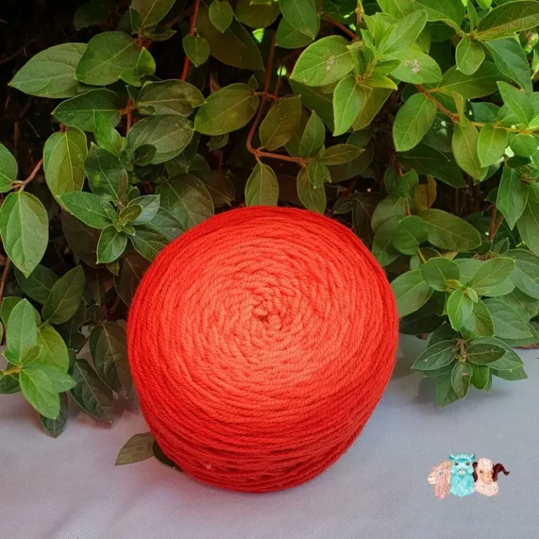 Pelote de laine de coloris de l'orange foncé à l'orange clair devant des feuilles vertes et posé sur un fond gris.