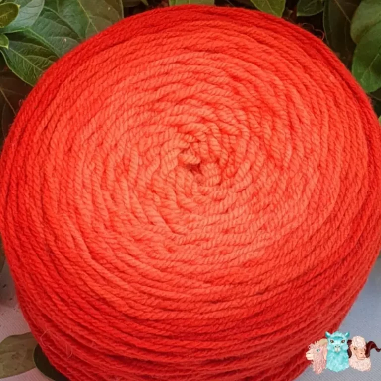 Détail d'une pelote de laine de coloris de l'orange foncé à l'orange clair devant des feuilles vertes et posé sur un fond gris.