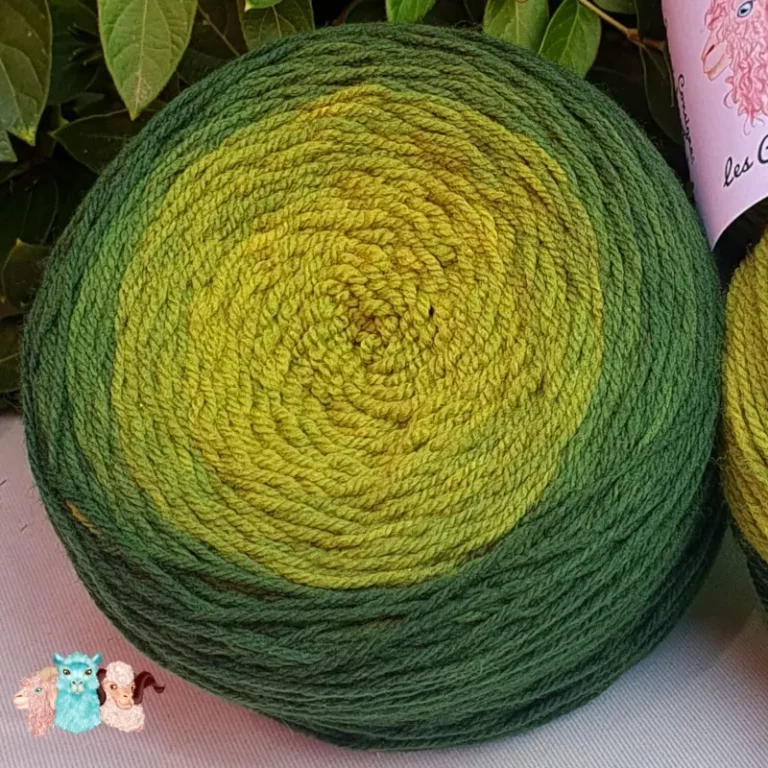 Détail d'une pelote de laine de coloris du vert sombre au vert clair devant des feuilles vertes et posé sur un fond gris.