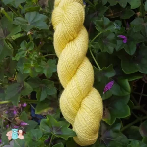 Echeveau de laine mérinos soie teinté en jaune clair sur un fond d'herbe verte.