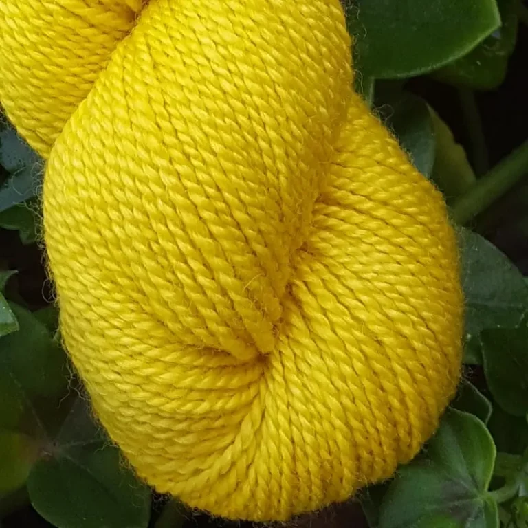 Gros plan d'un écheveau de laine mérinos soie teinté en jaune intense sur un fond d'herbe verte.