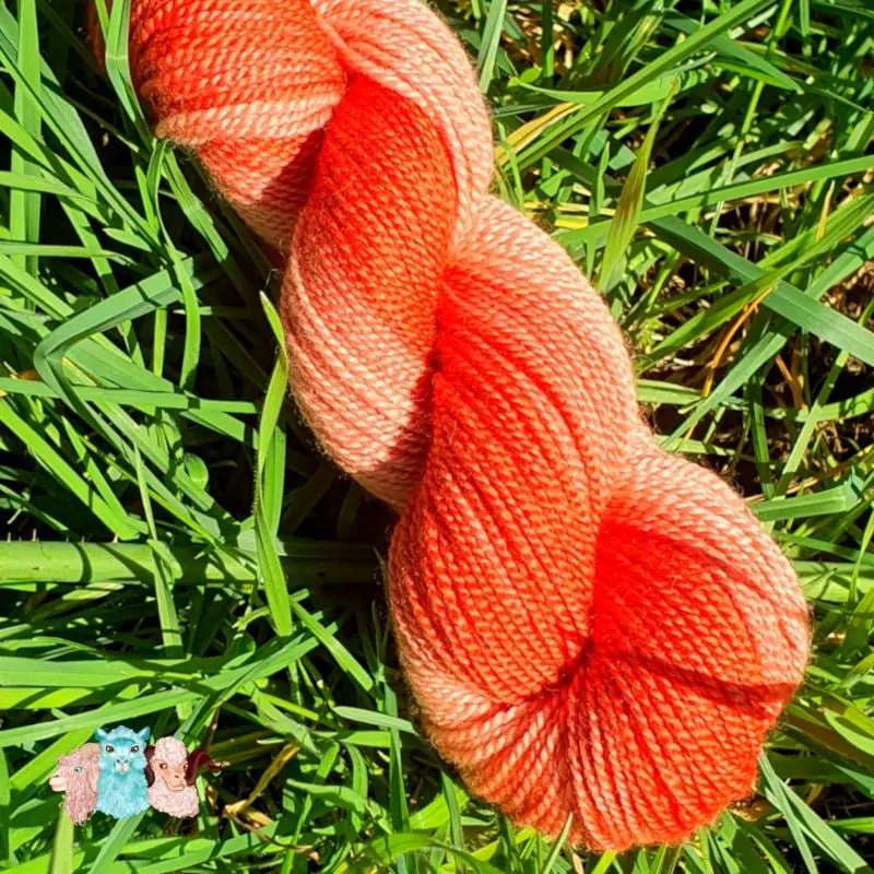 Détail d'un écheveau de laine mérinos soie teinté en orange nuancé sur un fond d'herbe verte.