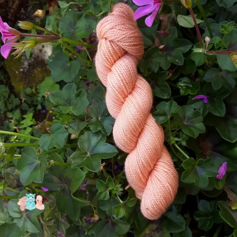 Echeveau de laine mérinos soie teinté en orange rouge clair sur un fond d'herbe verte.