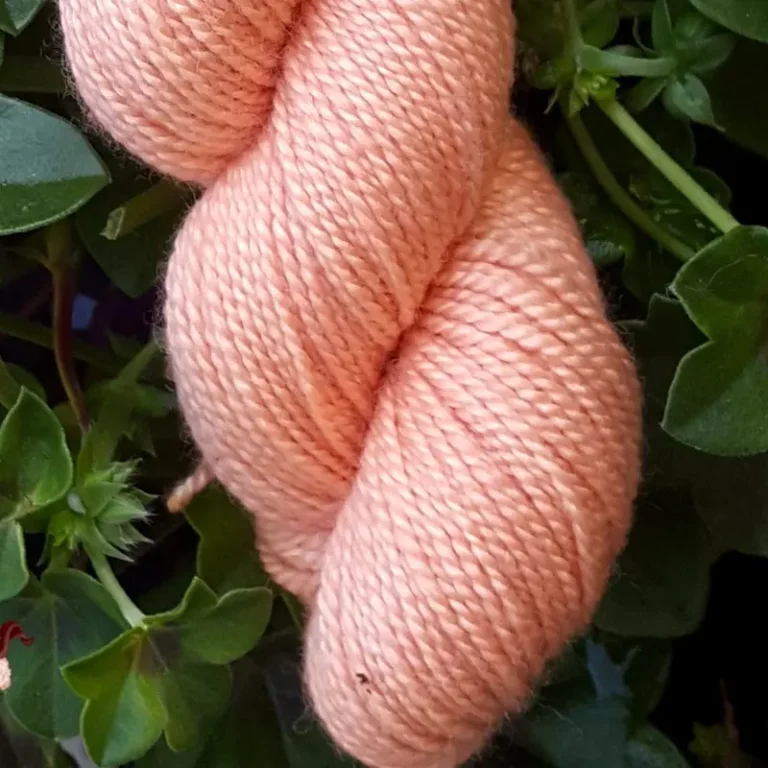 Gros plan d'un écheveau de laine mérinos soie teinté en orange rouge clair sur un fond d'herbe verte.