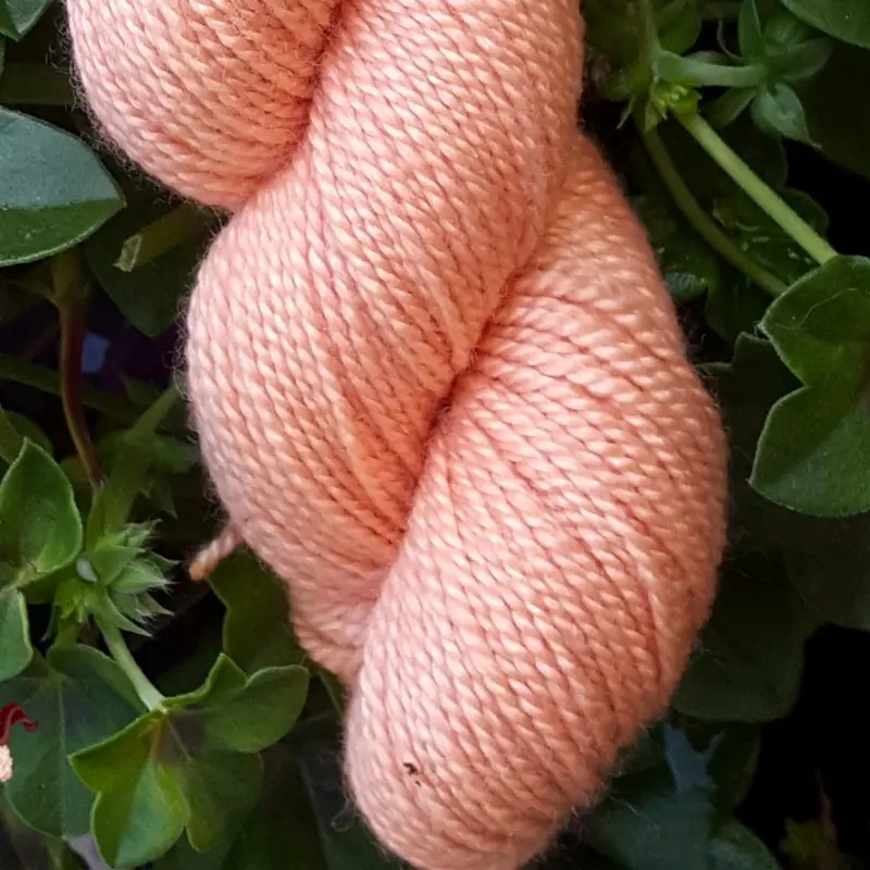 Gros plan d'un écheveau de laine mérinos soie teinté en orange rouge clair sur un fond d'herbe verte.