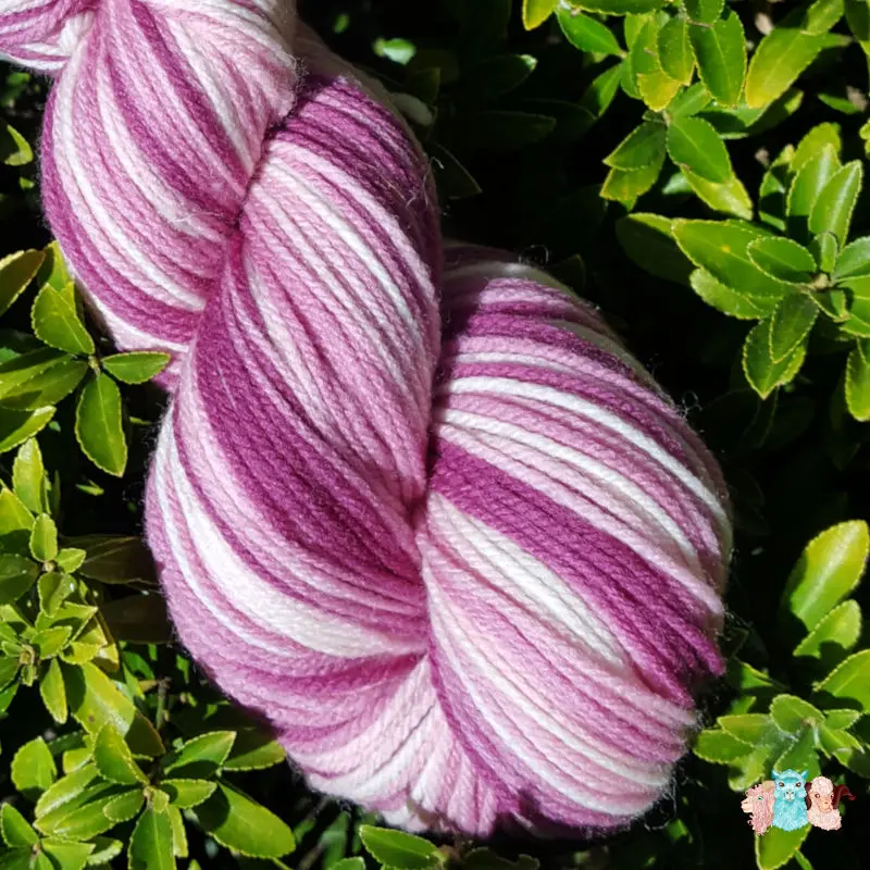 Détail d'un écheveau de laine mérinos multicolore violet avec des nuances sur un fond de feuilles vertes