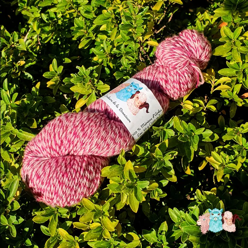 Echeveau de laine chinée violette, sur fond de feuilles vert, fabrication française