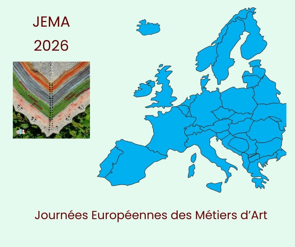 Carte d'Europe pour illustrer les JEMA 2026 avec une photo de châle en laine artisanale teintée avec des couleurs naturelles sur un fond bleu vert