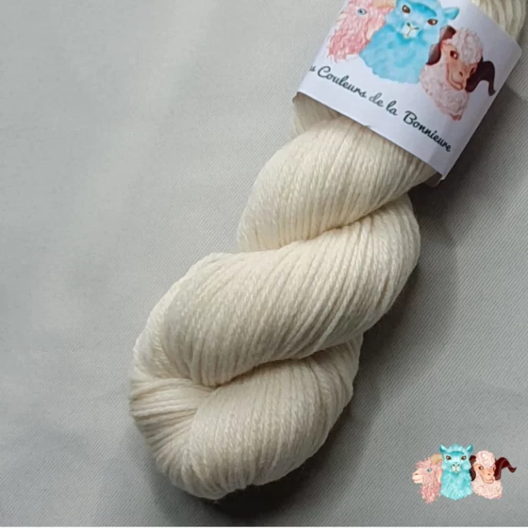 Détail écheveau de laine mérinos naturelle écru sur un fond gris.