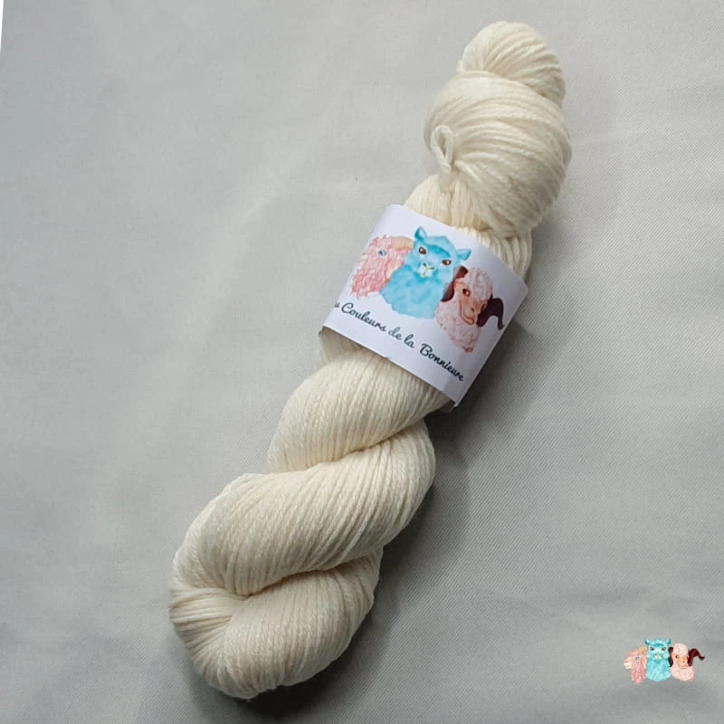 Echeveau de laine mérinos naturelle écru sur un fond gris.