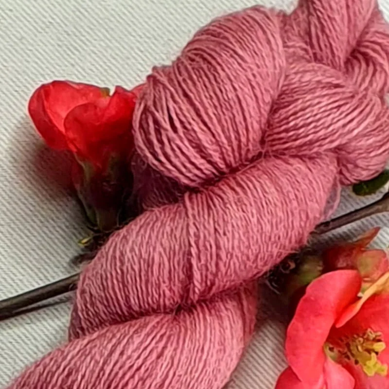 Gros plan d'un écheveau laine dentelle rose violet, fil lace teinté naturellement avec une fleur rouge, fond gris.