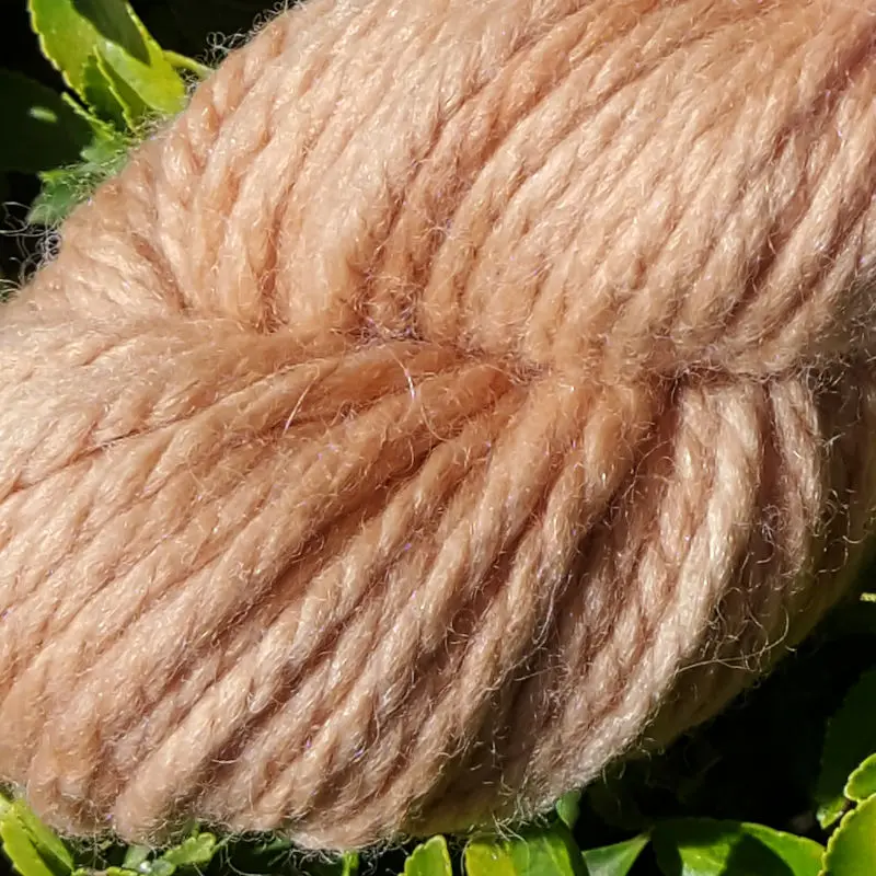 Gros plan d'un écheveau de laine mérinos alpaga teinté en beige sur un fond de feuilles vertes.