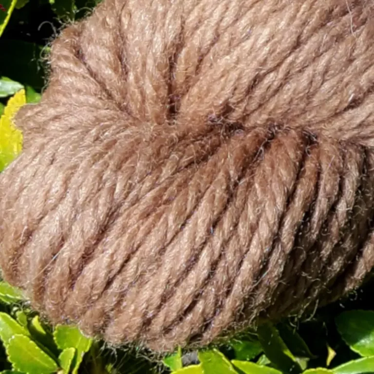 Gros plan d'un écheveau de laine mérinos alpaga teinté en marron sur un fond de feuilles vertes.