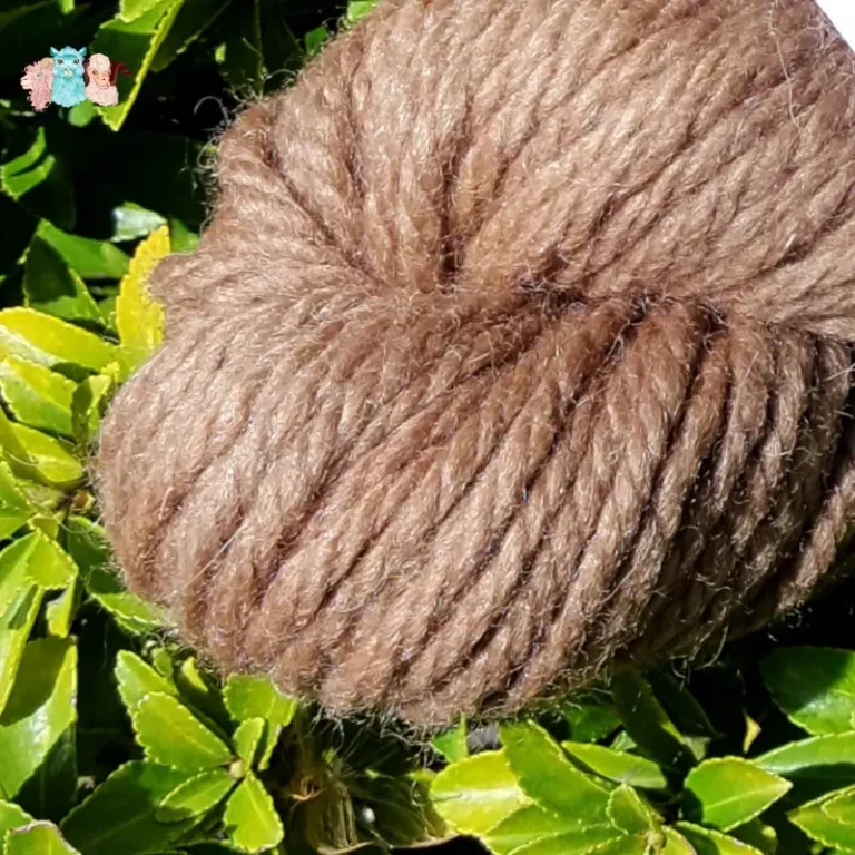 Détail d'un écheveau de laine mérinos alpaga teinté en marron sur un fond de feuilles vertes.