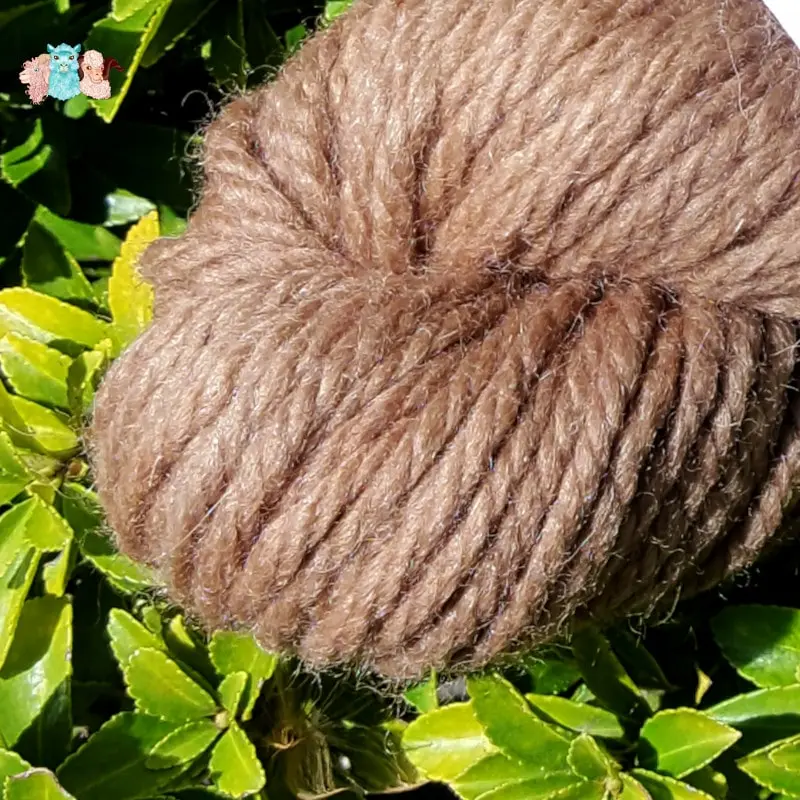 Détail d'un écheveau de laine mérinos alpaga teinté en marron sur un fond de feuilles vertes.