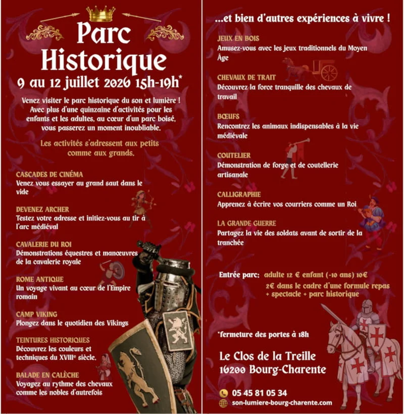 Programme des journées historiques à Bourg-Charente en juillet 2026 sur un fond rouge bordeaux