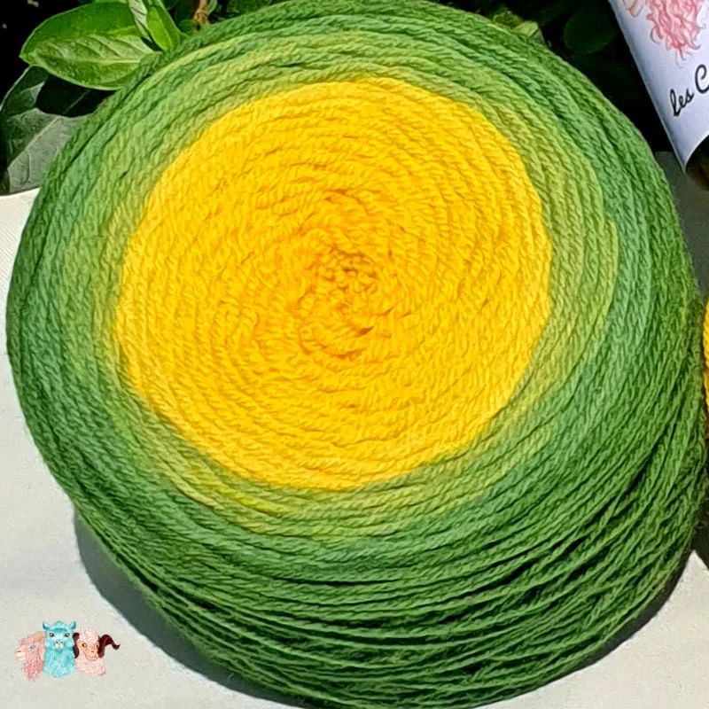 Détail d'une pelote de laine de coloris du vert sombre au jaune intense devant des feuilles vertes et posé sur un fond gris