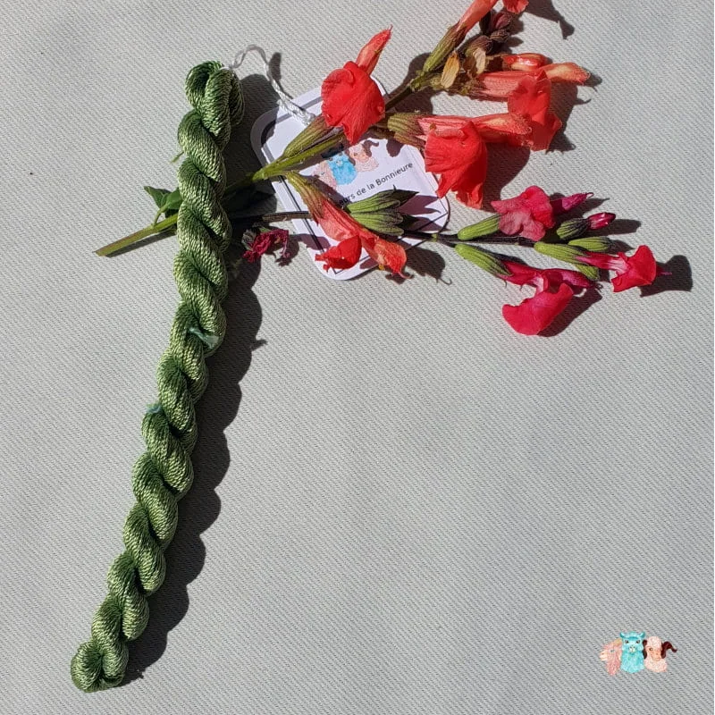 Echeveau de fil de soie vert clair avec des fleurs rouge sur fond gris, fabriqué en france