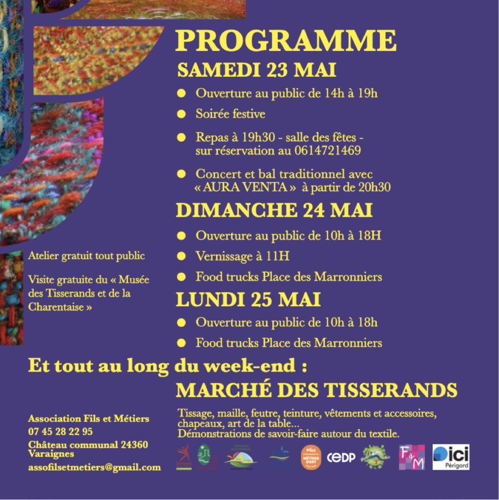 Flyer recto marché des tisserands à Varaignes 23-25 mai 2026 programme de la manifestation.