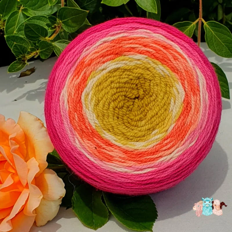 Détail d'une pelote cake de laine de coloris rouge, orange, écru et vert devant des feuilles vertes et posé sur un fond gris avec une rose.