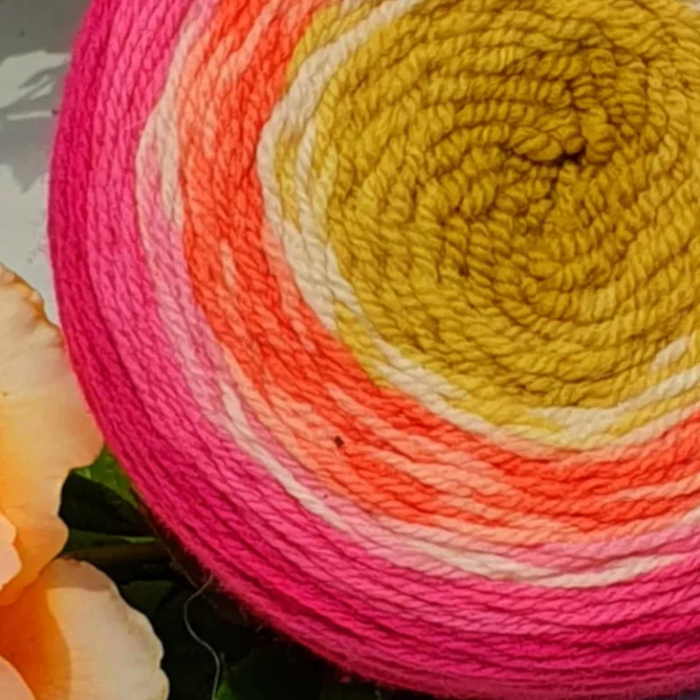 Gros plan d'une pelote cake de laine de coloris rouge, orange, écru et vert devant des feuilles vertes et posé sur un fond gris avec une rose.
