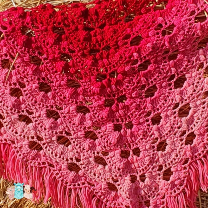 Détails du châle avec des franges en dégradé rouge sur un botte de paille.