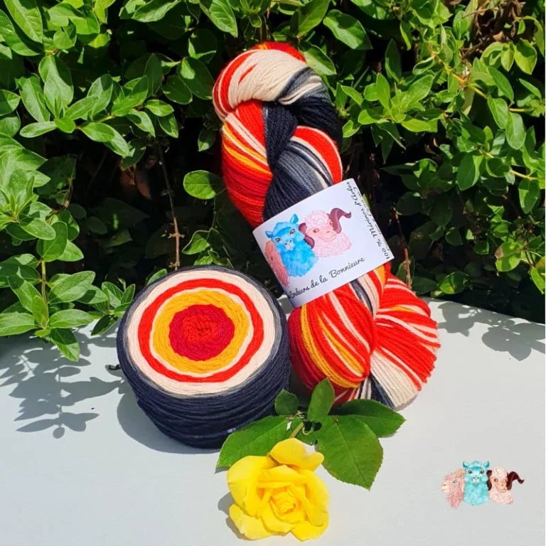 Echeveau et cake de laine de coloris rouge, orange, écru et noire devant des feuilles vertes et posé sur un fond gris avec une rose.