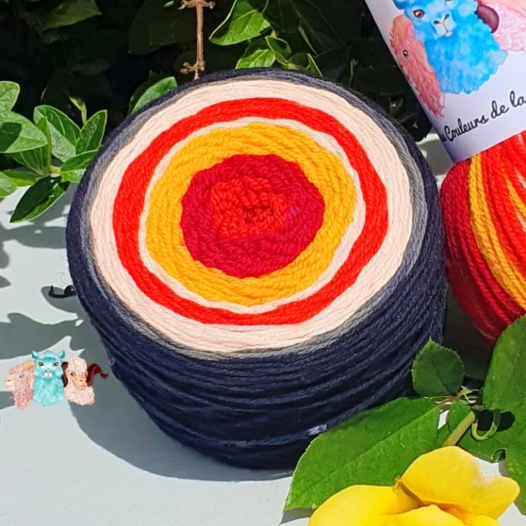 Détails de cake de laine de coloris rouge, orange, écru et noire devant des feuilles vertes et posé sur un fond gris avec une rose.