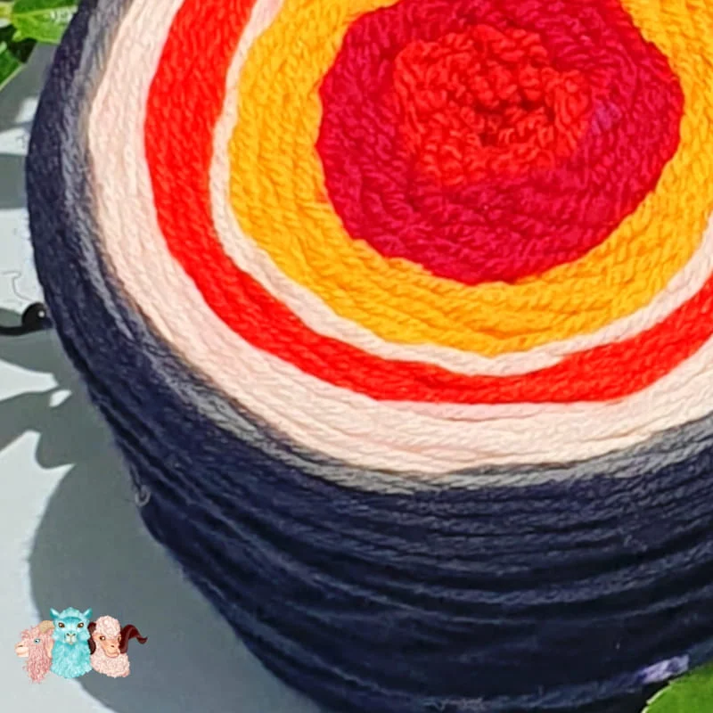 Gros plan de cake de laine de coloris rouge, orange, écru et noire devant des feuilles vertes et posé sur un fond gris avec une rose.