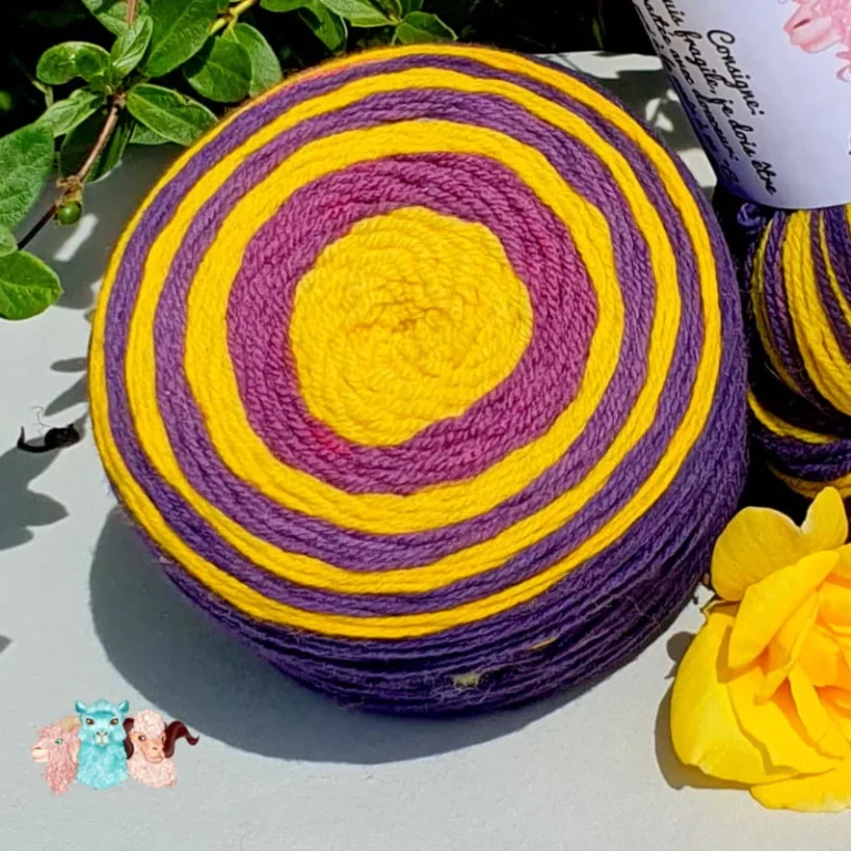 Détails de cake de laine de coloris violet et jaune devant des feuilles vertes et posé sur un fond gris avec une rose.