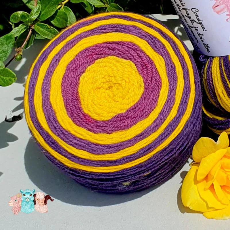 Détails de cake de laine de coloris violet et jaune devant des feuilles vertes et posé sur un fond gris avec une rose.